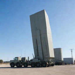 An advanced anti-missile defense system, with sophisticated technology and details, set against a backdrop of a military base under a clear sky.