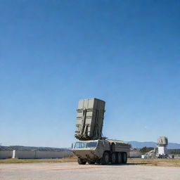 An advanced anti-missile defense system, with sophisticated technology and details, set against a backdrop of a military base under a clear sky.