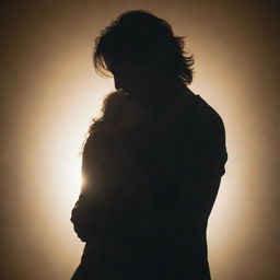 An emotional scene in the ethereal afterlife. The son is hugging his mother, tears streaming down his face. Their silhouette against the ethereal light portrays an intimate and comforting reconnection