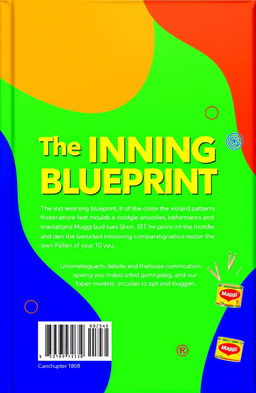 A vibrant book back cover featuring elements inspired by the colors of Indomie, MTN, and Maggi