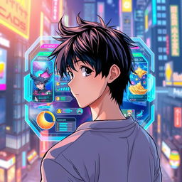 A teenager with black hair looking back at a vibrant holographic videogame interface in front of him, illustrated in a captivating manhwa style