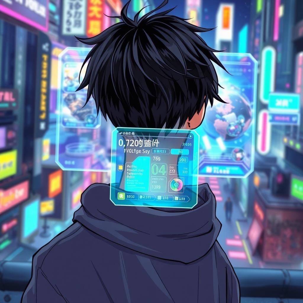 A teenager with black hair looking back at a vibrant holographic videogame interface in front of him, illustrated in a captivating manhwa style