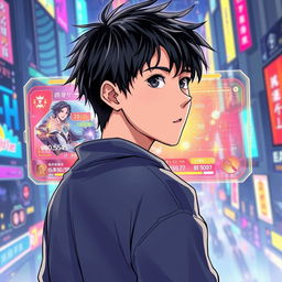 A teenager with black hair looking back at a vibrant holographic videogame interface in front of him, illustrated in a captivating manhwa style