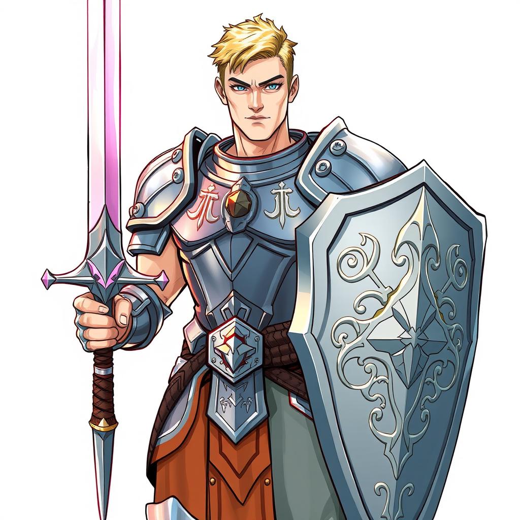 An illustration of a handsome human paladin inspired by Dungeons & Dragons, depicted in a detailed drawing style