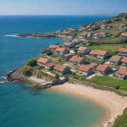 A serene countryside village near the shimmering sea, with rustic houses, picturesque farmland, and the soothing sound of waves in the background