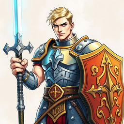 An illustration of a handsome human paladin inspired by Dungeons & Dragons, depicted in a detailed drawing style