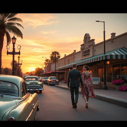 A stunning vintage scene capturing the essence of the 1950s, featuring classic cars parked along a quaint street adorned with retro storefronts