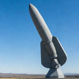 A cutting-edge anti-missile defense weapon, intricate and powerful, positioned on a military base with a clear, blue sky in the backdrop.