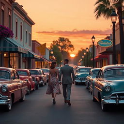 A stunning vintage scene capturing the essence of the 1950s, featuring classic cars parked along a quaint street adorned with retro storefronts