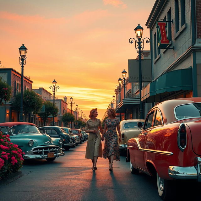 A stunning vintage scene capturing the essence of the 1950s, featuring classic cars parked along a quaint street adorned with retro storefronts