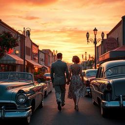 A stunning vintage scene capturing the essence of the 1950s, featuring classic cars parked along a quaint street adorned with retro storefronts