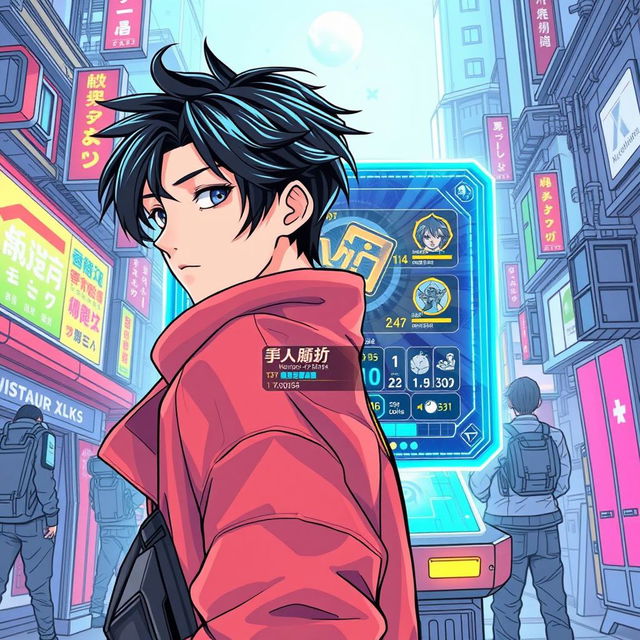 A teenager with stylish black hair looking back over their shoulder, featured in a dynamic pose with a vibrant, futuristic video game holographic window in front of them