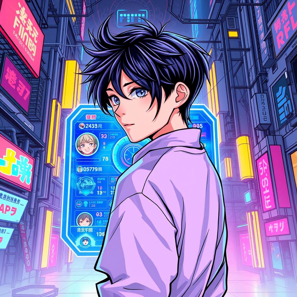 A teenager with stylish black hair looking back over their shoulder, featured in a dynamic pose with a vibrant, futuristic video game holographic window in front of them