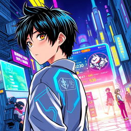 A teenager with stylish black hair looking back over their shoulder, featured in a dynamic pose with a vibrant, futuristic video game holographic window in front of them