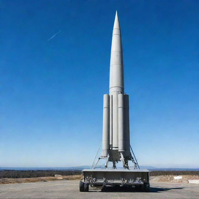 A cutting-edge anti-missile defense weapon, intricate and powerful, positioned on a military base with a clear, blue sky in the backdrop.