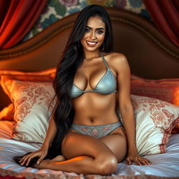 A sexy Latina woman lounging on a luxurious bed, wearing a stylish bikini that accentuates her curves