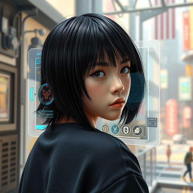 A teenager with sleek black hair looking back, captured in an engaging pose with a video game holographic window prominently displayed in front of them