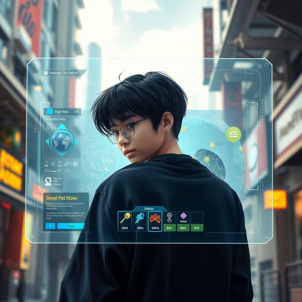 A teenager with sleek black hair looking back, captured in an engaging pose with a video game holographic window prominently displayed in front of them