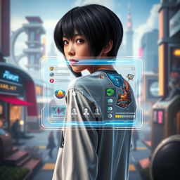 A teenager with sleek black hair looking back, captured in an engaging pose with a video game holographic window prominently displayed in front of them