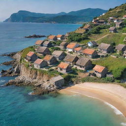 A serene countryside village near the shimmering sea, with rustic houses, picturesque farmland, and the soothing sound of waves in the background