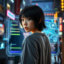 A teenager with sleek black hair looking back, captured in an engaging pose with a video game holographic window prominently displayed in front of them