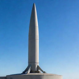 A cutting-edge anti-missile defense weapon, intricate and powerful, positioned on a military base with a clear, blue sky in the backdrop.