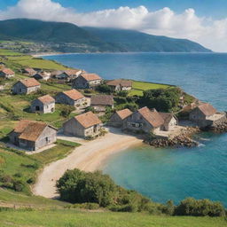 A serene countryside village near the shimmering sea, with rustic houses, picturesque farmland, and the soothing sound of waves in the background