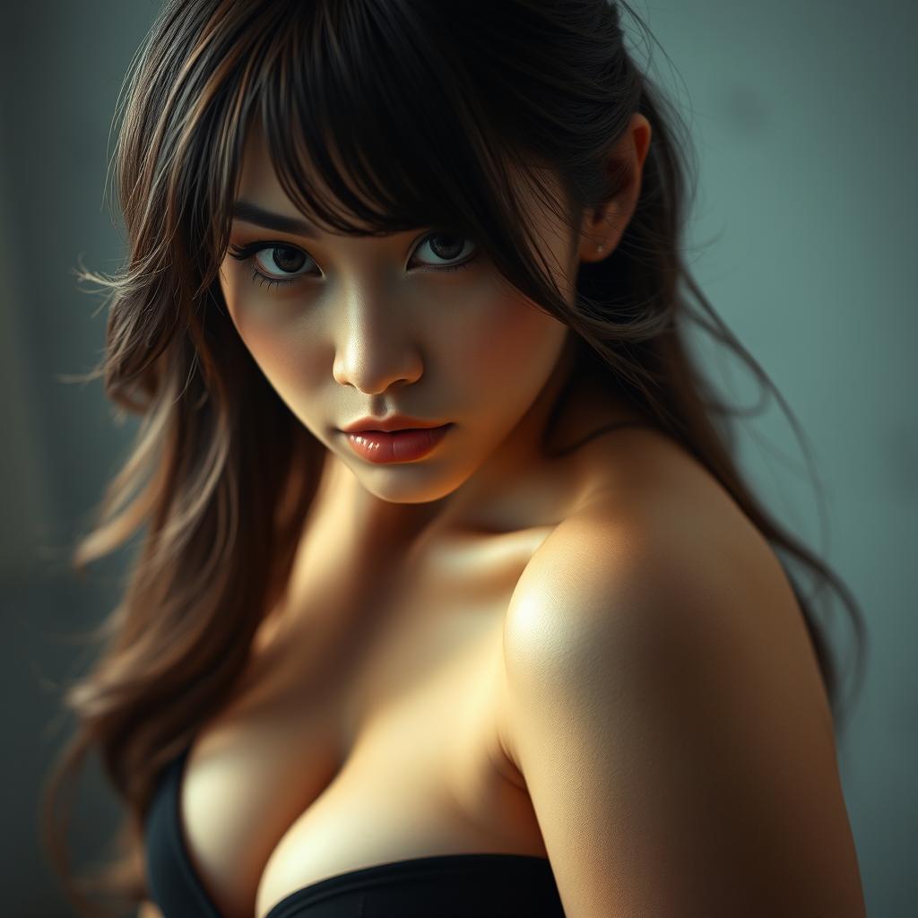 A sexy Asian woman gazing directly at the viewer with an intense, alluring expression