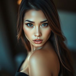 A sexy Asian woman gazing directly at the viewer with an intense, alluring expression