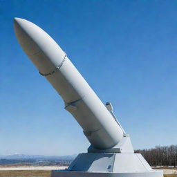 A cutting-edge anti-missile defense weapon, intricate and powerful, positioned on a military base with a clear, blue sky in the backdrop.