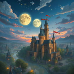 Three different fantasy moons beginning to overlap in the early evening sky above a whimsical, sprawling fantasy city where a grand castle dominates the landscape