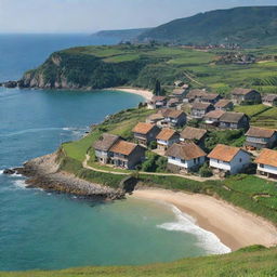 A serene countryside village near the shimmering sea, with rustic houses, picturesque farmland, and the soothing sound of waves in the background