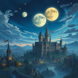 Three different fantasy moons beginning to overlap in the early evening sky above a whimsical, sprawling fantasy city where a grand castle dominates the landscape