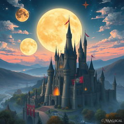 Three different fantasy moons beginning to overlap in the early evening sky above a whimsical, sprawling fantasy city where a grand castle dominates the landscape
