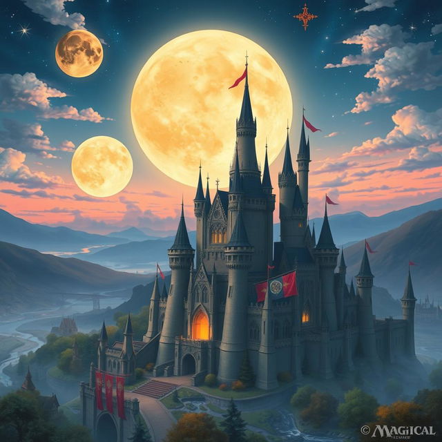 Three different fantasy moons beginning to overlap in the early evening sky above a whimsical, sprawling fantasy city where a grand castle dominates the landscape