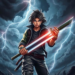 A dynamic scene featuring a teenager wielding a sword, standing confidently amidst a dramatic backdrop of swirling thunderclouds and flashes of lightning