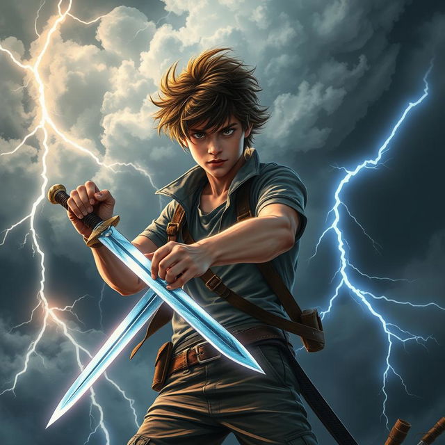 A dynamic scene featuring a teenager wielding a sword, standing confidently amidst a dramatic backdrop of swirling thunderclouds and flashes of lightning