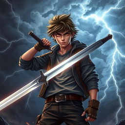 A dynamic scene featuring a teenager wielding a sword, standing confidently amidst a dramatic backdrop of swirling thunderclouds and flashes of lightning