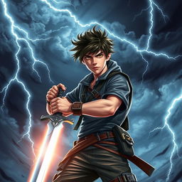A dynamic scene featuring a teenager wielding a sword, standing confidently amidst a dramatic backdrop of swirling thunderclouds and flashes of lightning