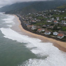 The previously serene countryside village near the sea now facing an impending tsunami with giant waves roaring towards the coast