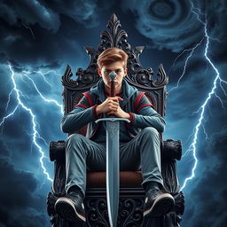 A striking image of a teenager seated on an ornate throne, holding a sword in their hands with a strong, determined expression