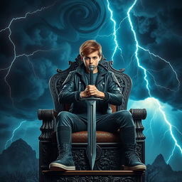 A striking image of a teenager seated on an ornate throne, holding a sword in their hands with a strong, determined expression