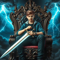 A striking image of a teenager seated on an ornate throne, holding a sword in their hands with a strong, determined expression