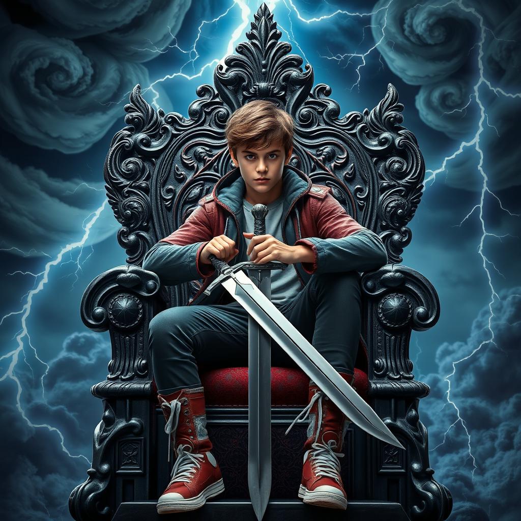 A striking image of a teenager seated on an ornate throne, holding a sword in their hands with a strong, determined expression