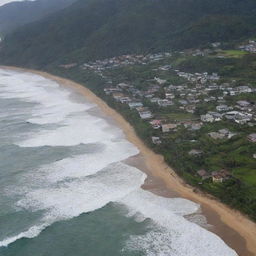 The previously serene countryside village near the sea now facing an impending tsunami with giant waves roaring towards the coast