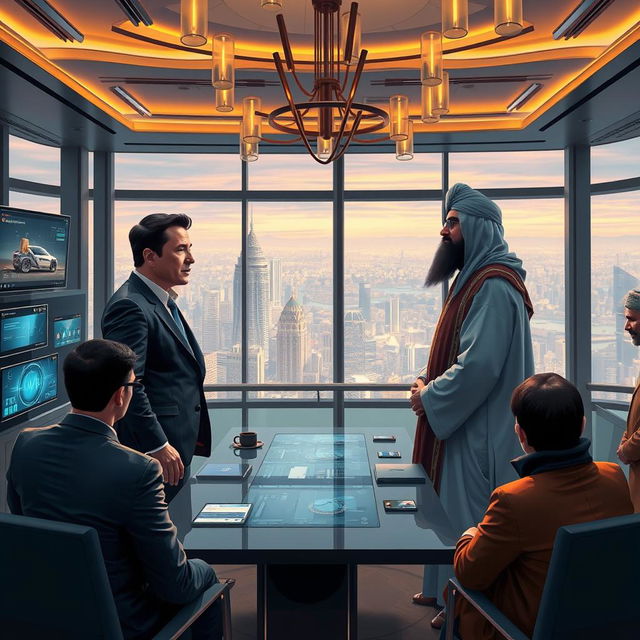 A thought-provoking and imaginative scene illustrating a meeting between Elon Musk and Hibatullah Akhundzada in a modern, opulent conference room