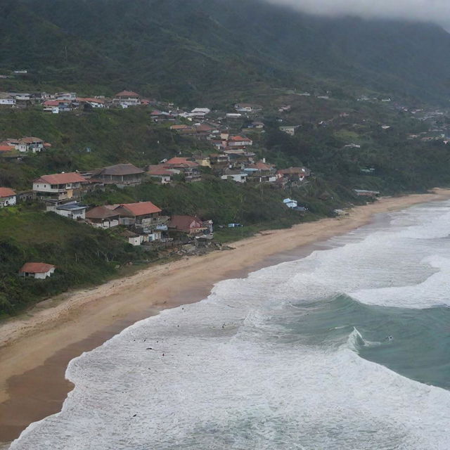 The previously serene countryside village near the sea now facing an impending tsunami with giant waves roaring towards the coast