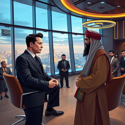 A thought-provoking and imaginative scene illustrating a meeting between Elon Musk and Hibatullah Akhundzada in a modern, opulent conference room