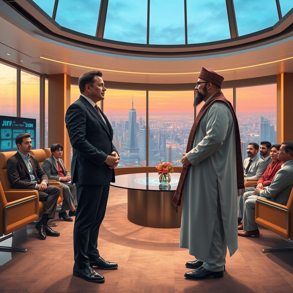 A thought-provoking and imaginative scene illustrating a meeting between Elon Musk and Hibatullah Akhundzada in a modern, opulent conference room