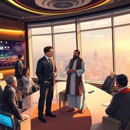 A thought-provoking and imaginative scene illustrating a meeting between Elon Musk and Hibatullah Akhundzada in a modern, opulent conference room
